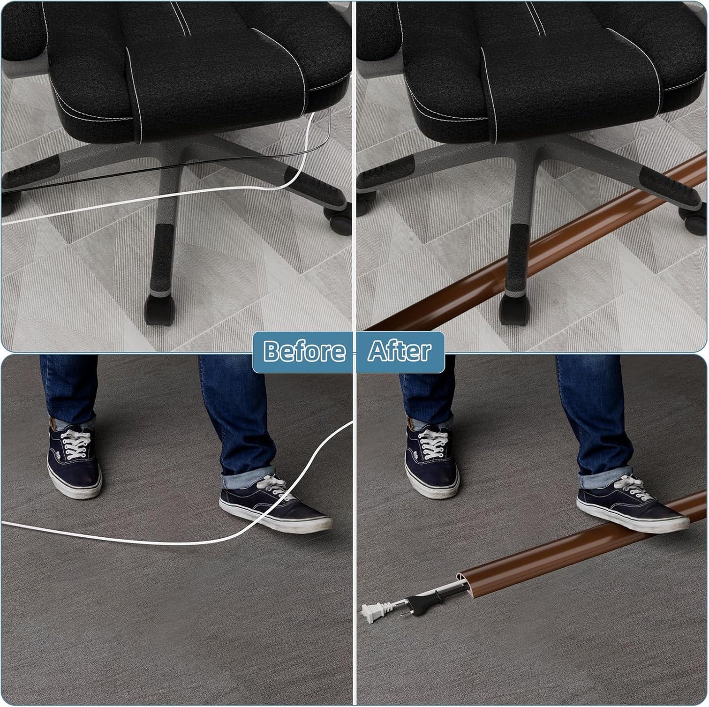 6ft Side Buckle Floor Cord Cover for Wires, Selfadhesive Extension Cord Hider Easy Floor Cable Management Prevent Cable Trips,Silicone Floor Wire Covers for Cords, Cable Protector Cord Cavity（Brown）