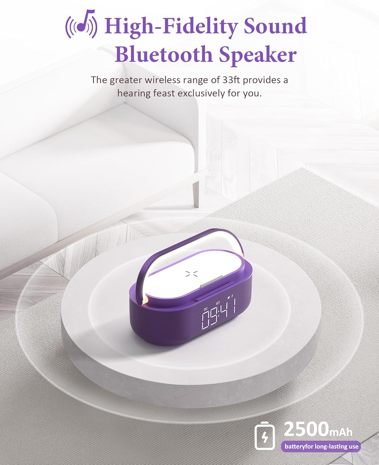 COLSUR 6-in-1 Bluetooth Speaker Alarm Clock with 15W Wireless Charger, FM Radio, Adjustable LED Night Light, 2500mAh Battery, Snooze Function – for Bedroom, Home, Office