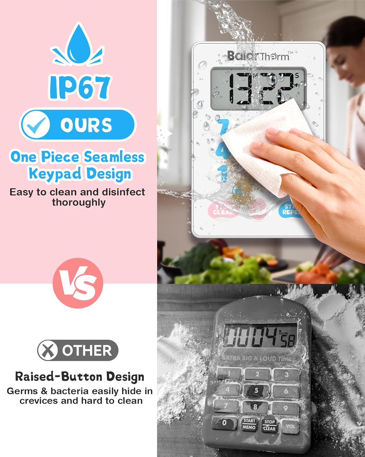 BaldrTherm Digital Kitchen Timer, Magnetic Waterproof Countdown Timer for Cooking, Shower, Workout, Classroom, Hair Color Processing, Cute.