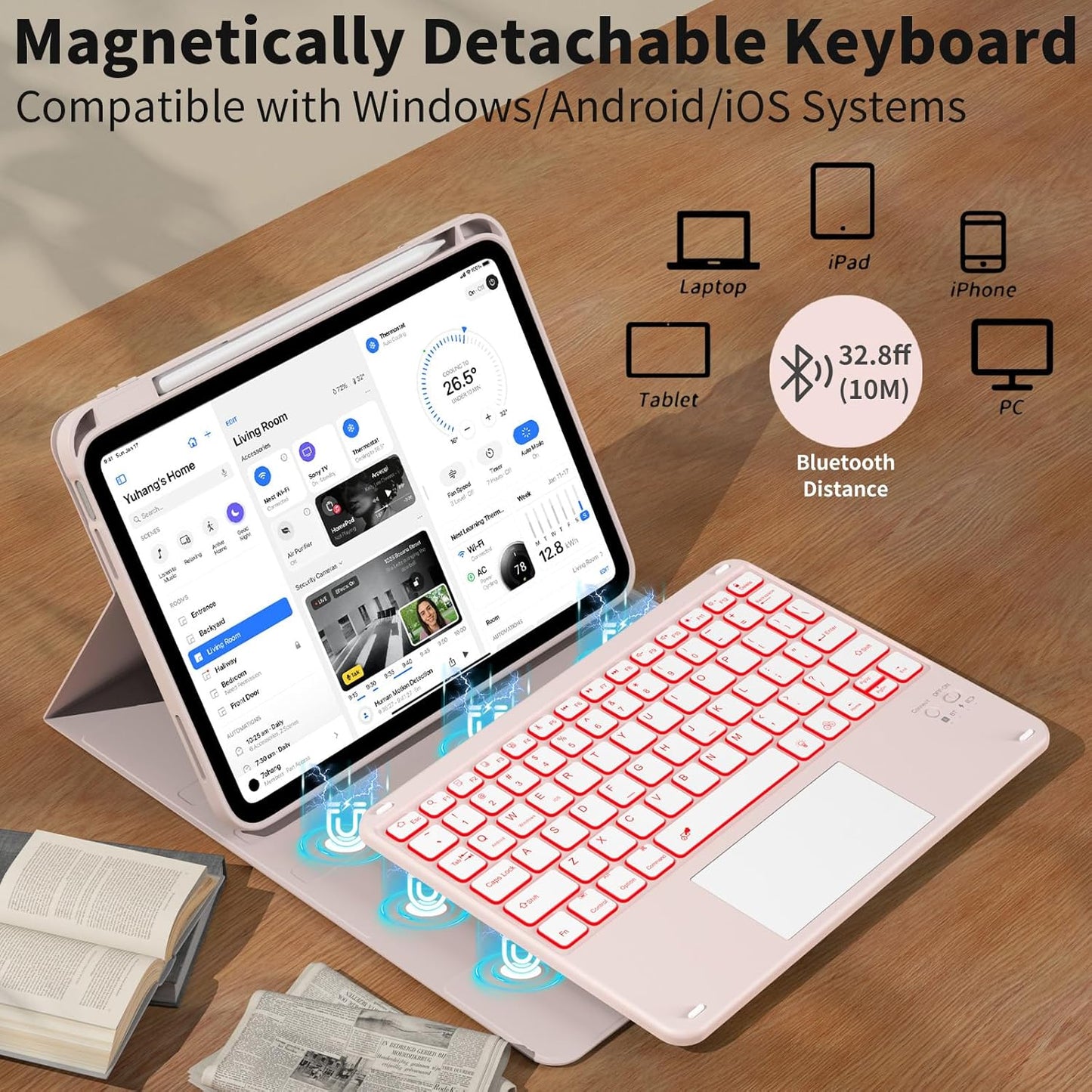 JKSML for iPad(A16) 11th/10th Generation Case with Keyboard (11/10.9 inch) 2025/2022, 7 Color Backlight Detachable Bluetooth Cover with Trackpad, Flip Stand Case Thin with Pencil Holder, Baby Pink