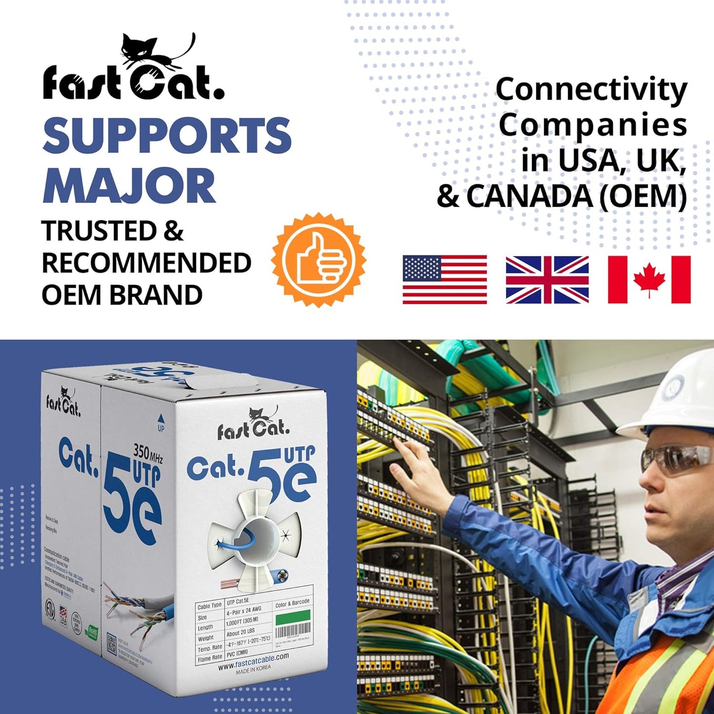 fast Cat. Cat5e Ethernet Cable 1000ft - 24 AWG, CMR, Insulated Bare Copper Wire Cat 5 ethernet Cable with FastReel - 350MHZ / Gigabit Speed UTP Cable Cat5e - CMR (Blue)