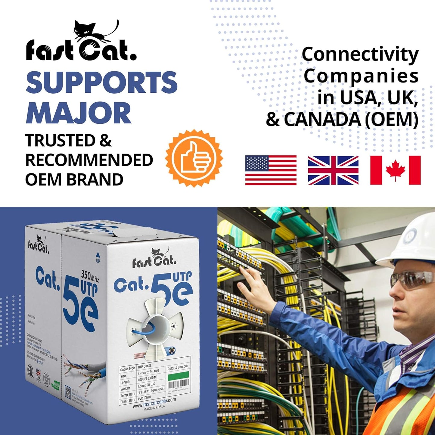 fast Cat. Cat5e Ethernet Cable 1000ft - 24 AWG, CMR, Insulated Bare Copper Wire Cat 5 ethernet Cable with FastReel - 350MHZ / Gigabit Speed UTP Cable Cat5e - CMR (Yellow)