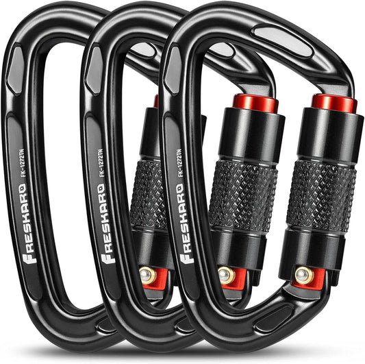 FresKaro UIAA Certified 25KN Auto Locking Climbing Carabiner Clips, Twist Lock, and Heavy Duty Carabiners for Rock Climbing, Rappelling, and Mountaineering, D Shaped