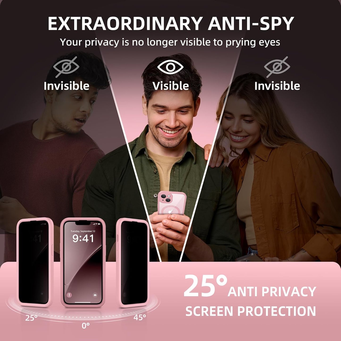 BERFY Magnetic for iPhone 14 Case, Compatible with MagSafe, Built-in Privacy Screen Protector and Upgraded Camera Protection, Anti-Spy Full Body Shockproof Phone Case for 14 6.1", Pink