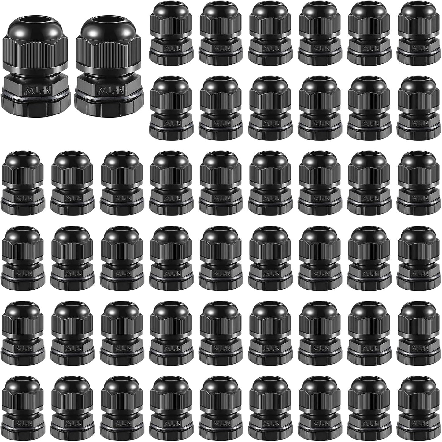 50 PCS 1/2"(6-12.5mm) NPT Nylon Cable Gland Joints with Gaskets, IP68 Adjustable Lock Nut Strain Relief Cord Grip Waterproof Cable Glands - UL Listed and RoHS Compliant