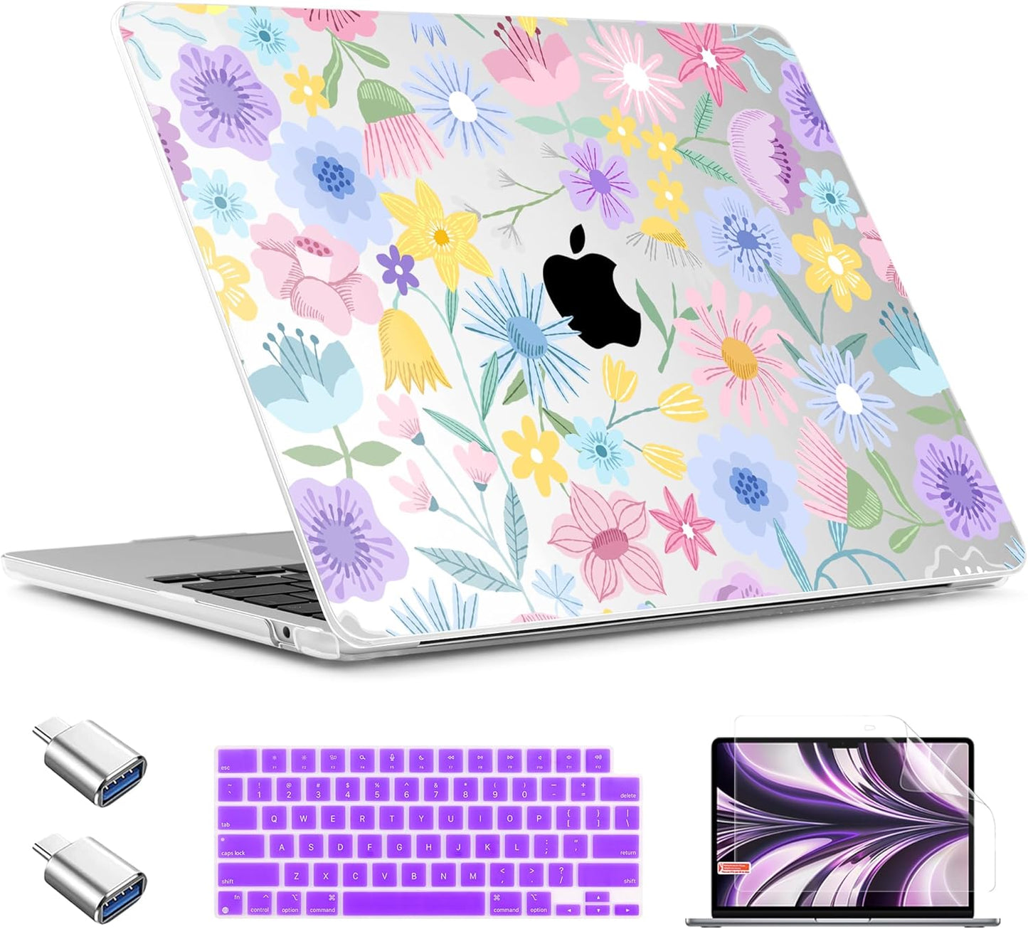 TWOLSKOO Compatible with M4 MacBook Air 13.6 inch Case 2025-2022 Release M4 A3240 M3 A3113 M2 A2681, Plastic Hard Shell & Keyboard Cover & Type C Adapter & Screen Protector, Spring Blooms