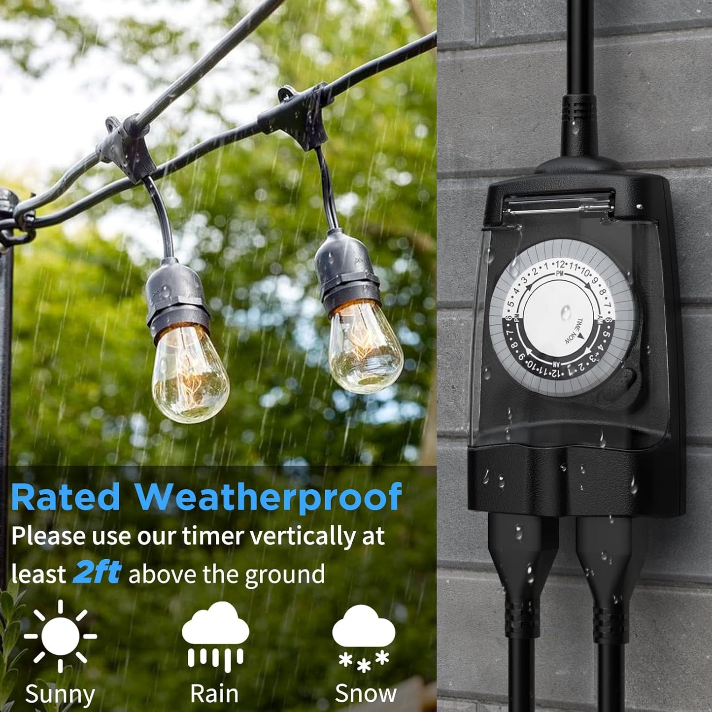 G-ELEK Outdoor Timer Waterproof, 24 Hour Light Timer, Timers for Electrical Outlets, Ideal for Pool Pump, Christmas Lights, Heavy Duty, 2 Grounded Outlets, ETL Listed, Black
