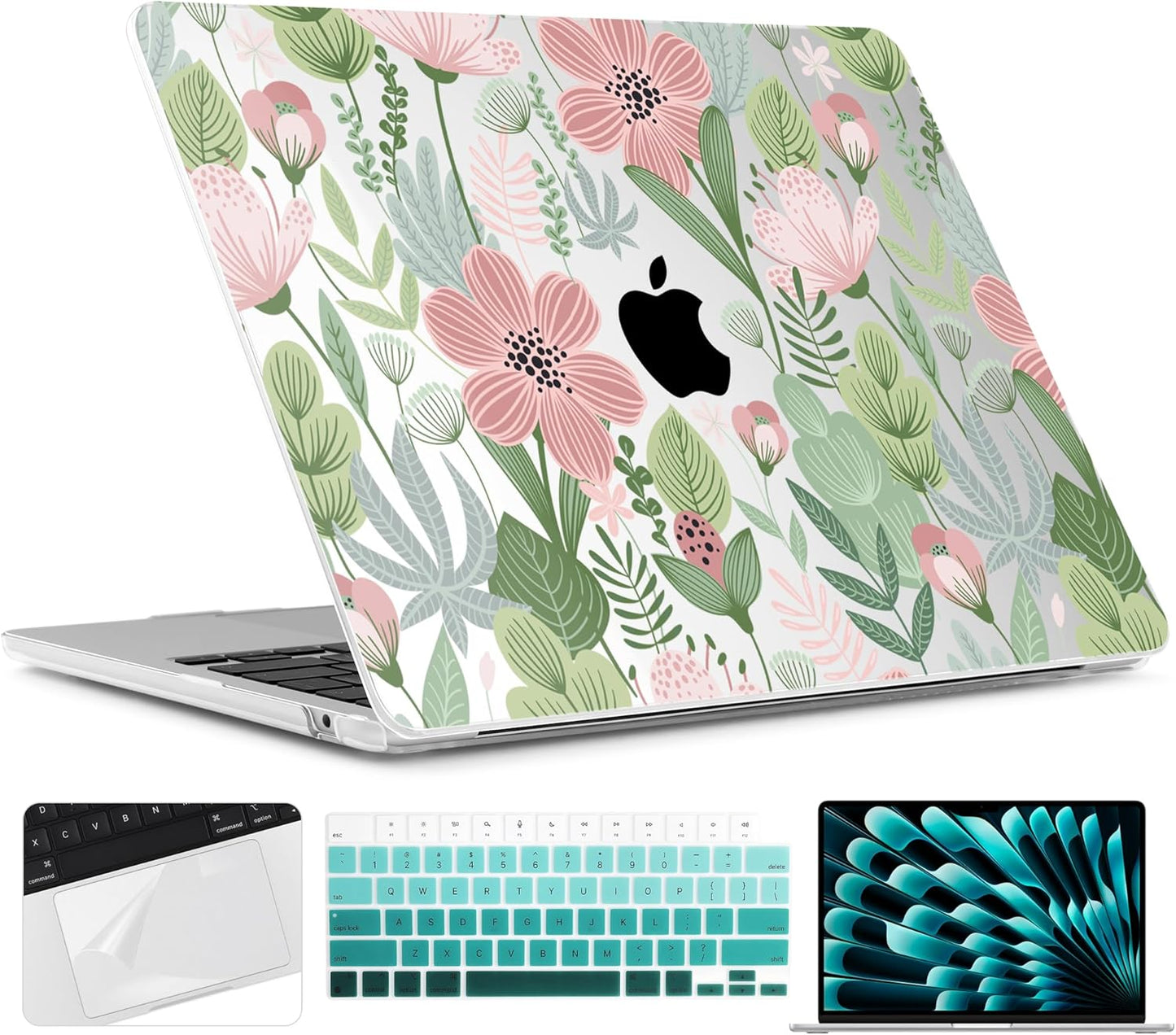 TWOLSKOO Compatible with M4 MacBook Air 15 inch Case 2025-2023 Released Model M4 A3241 M3 A3114 M2 A2941, Plastic Hard Shell & Screen Protector & Keyboard Cover & Trackpad Film, Leaves Flowers X732