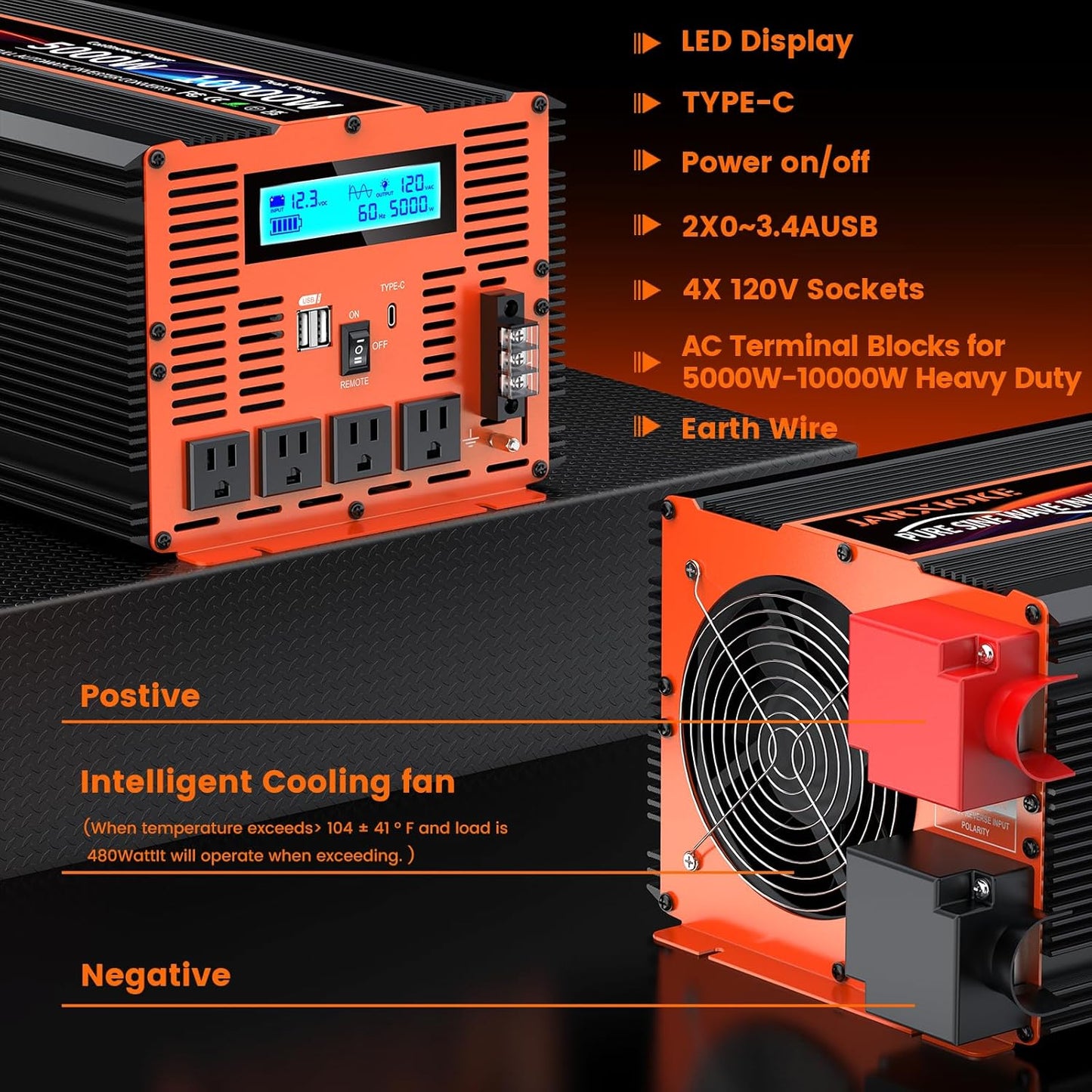 5000 Watt Pure Sine Wave Power Inverter 12V DC to 110V 120V Converter for Family RV Off Grid Solar System Car with Type-C Ports 4 AC Power Outlets Dual USB Ports LCD Display and Remote Control