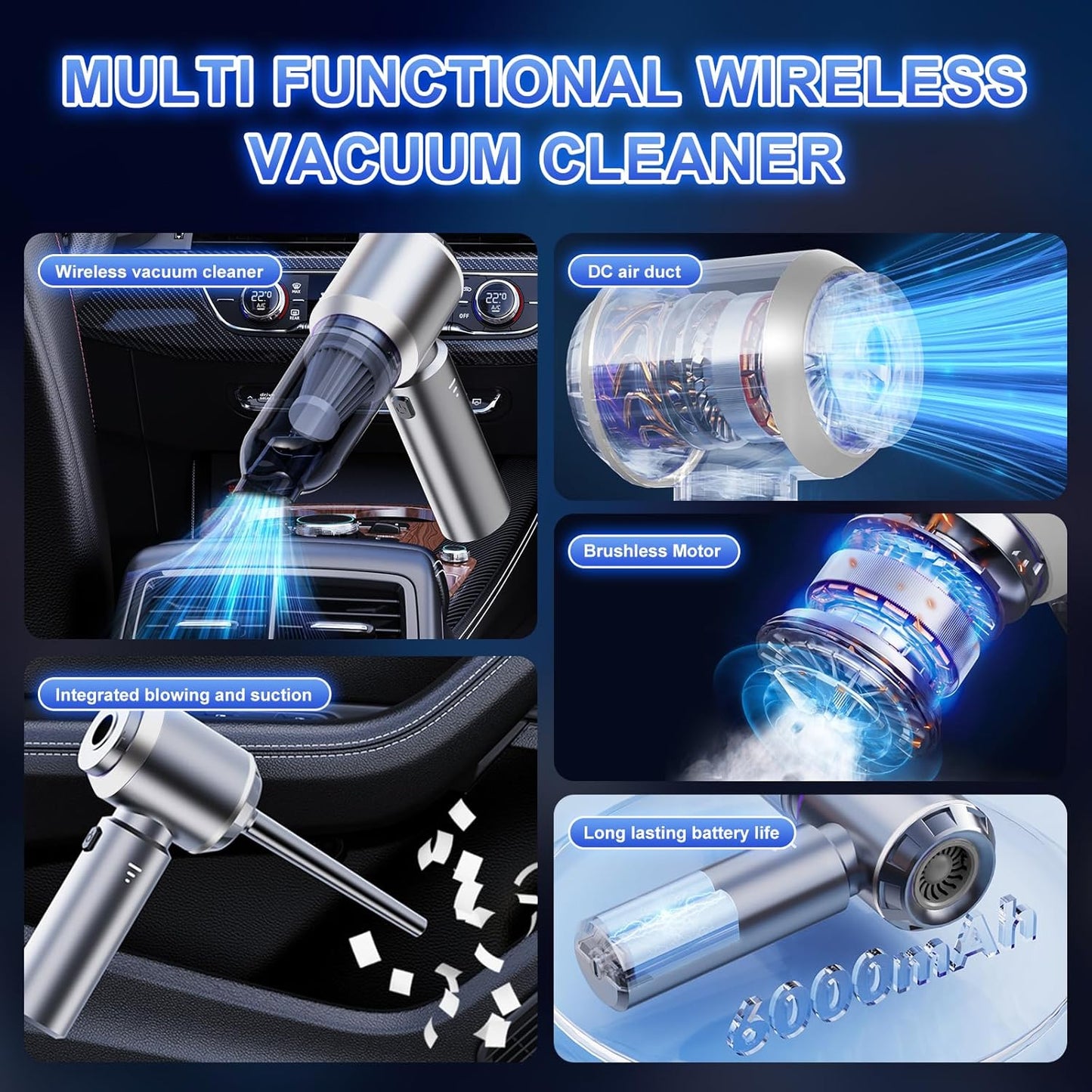 4-in-1 Cordless Handheld Vacuum, Portable Car Vacuum Detailing Kit, Compact Vac with Crevice Tool & Brushless Motor, Type-C Charge, 16000Pa Suction Power for Car, Office Desk, Keyboards, Home