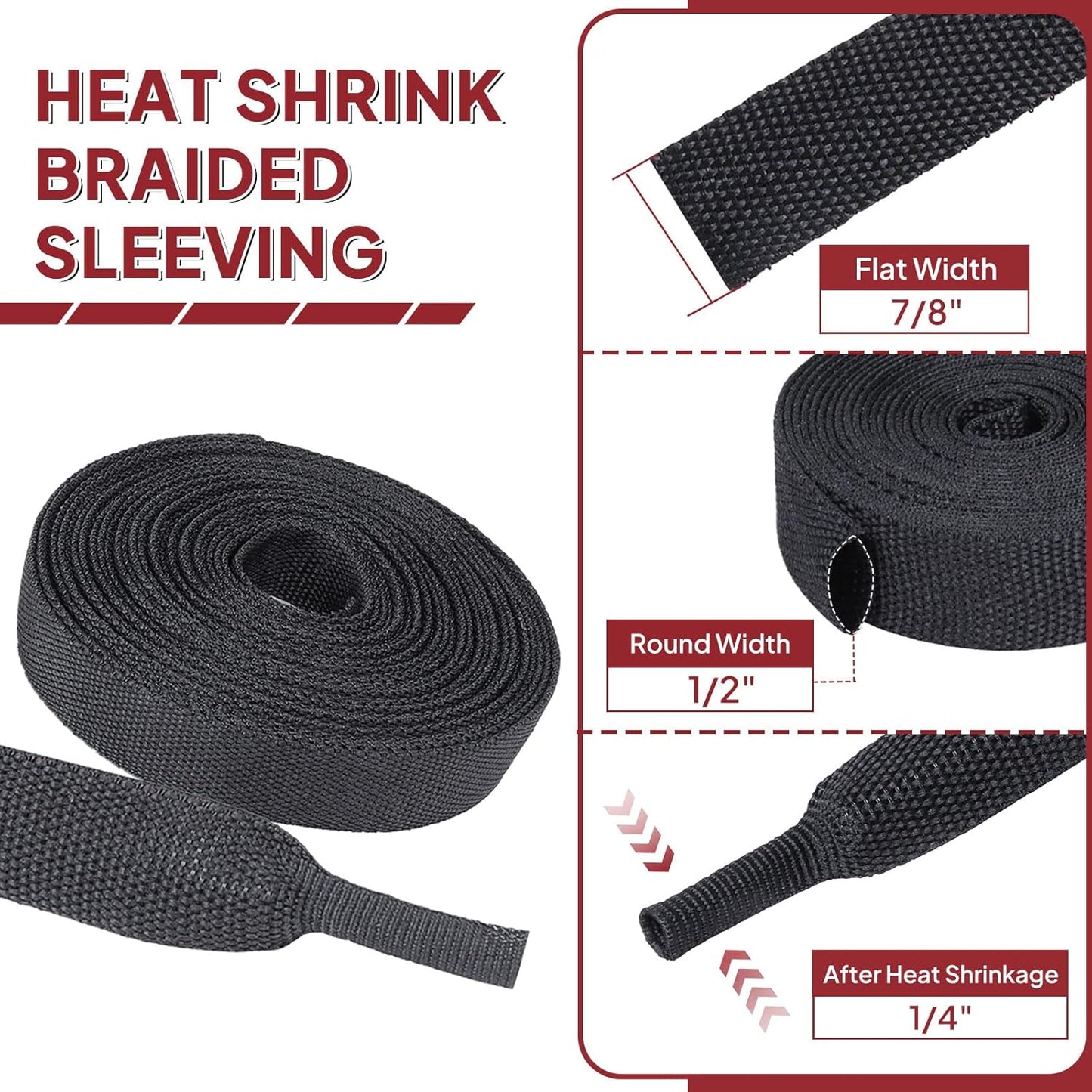 Heat Shrink Wire Loom 2:1 Shrinkable Braided Cable Sleeve 1/2 Inch ID-46ft Abrasion Protection Flexibility Fabric Wiring Harness Cover Sheath