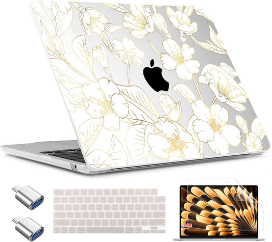 TWOLSKOO Compatible with M4 MacBook Air 15 inch Case 2025-2023 Released Model M4 A3241 M3 A3114 M2 A2941, Plastic Hard Shell & Screen Protector & Keyboard Cover & Type C Adapter, Gold Cherry Blossom