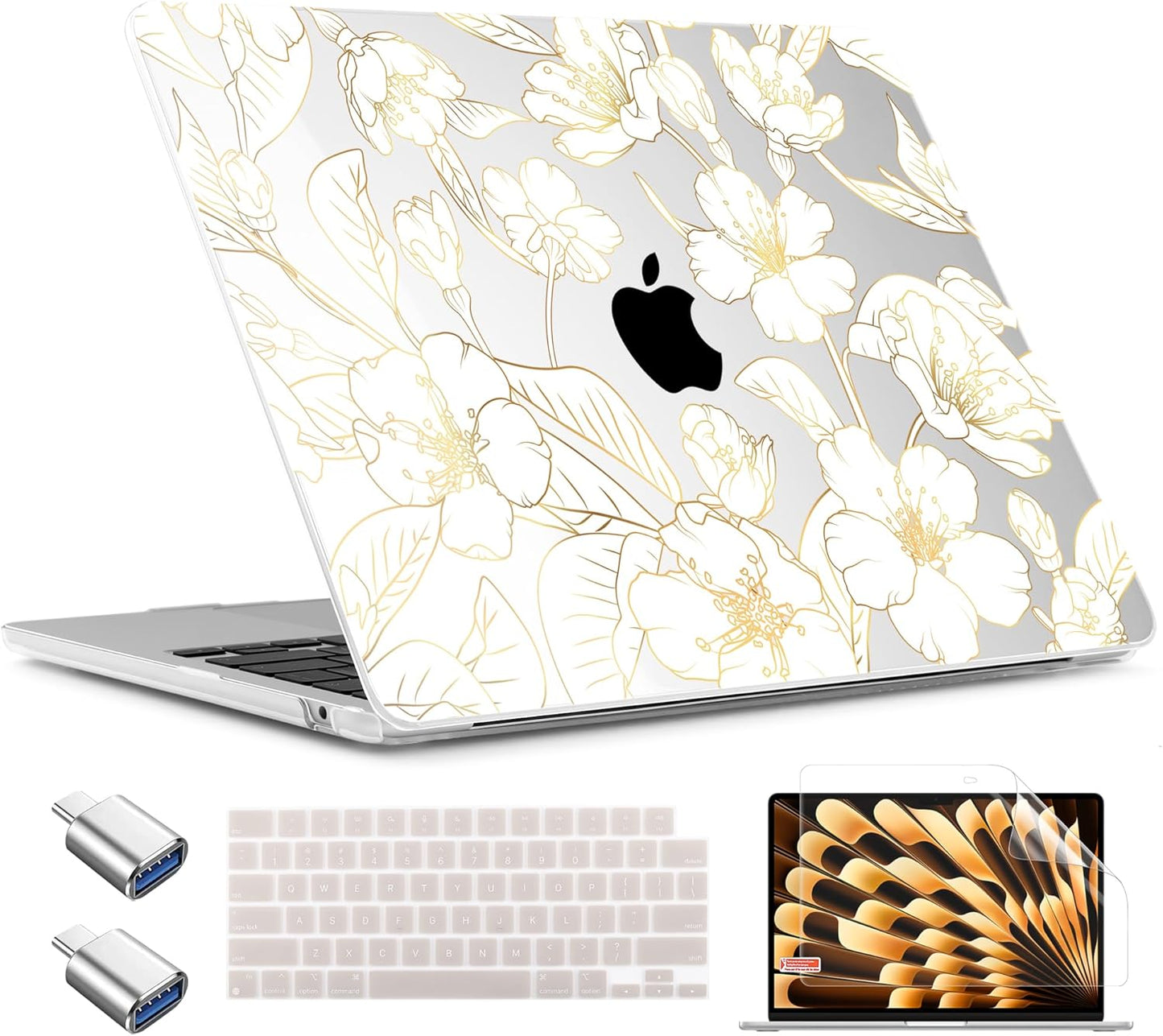 TWOLSKOO Compatible with M4 MacBook Air 13.6 inch Case 2025-2022 Release M4 A3240 M3 A3113 M2 A2681, Plastic Hard Shell & Keyboard Cover & Type C Adapter & Screen Protector, Gold Cherry Blossom