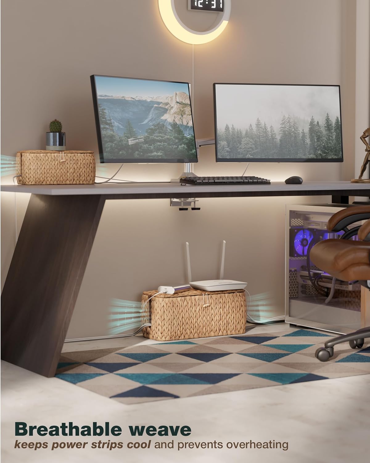 BLUEWEST Pack 2 Large Cable Management Box, Wicker Hyacinth Rattan Cable Organizer and Cover with 2 Open Slots and Safety Lock for Under Desk Power Strip, TV Wires, Computer, Router, USB Hubs