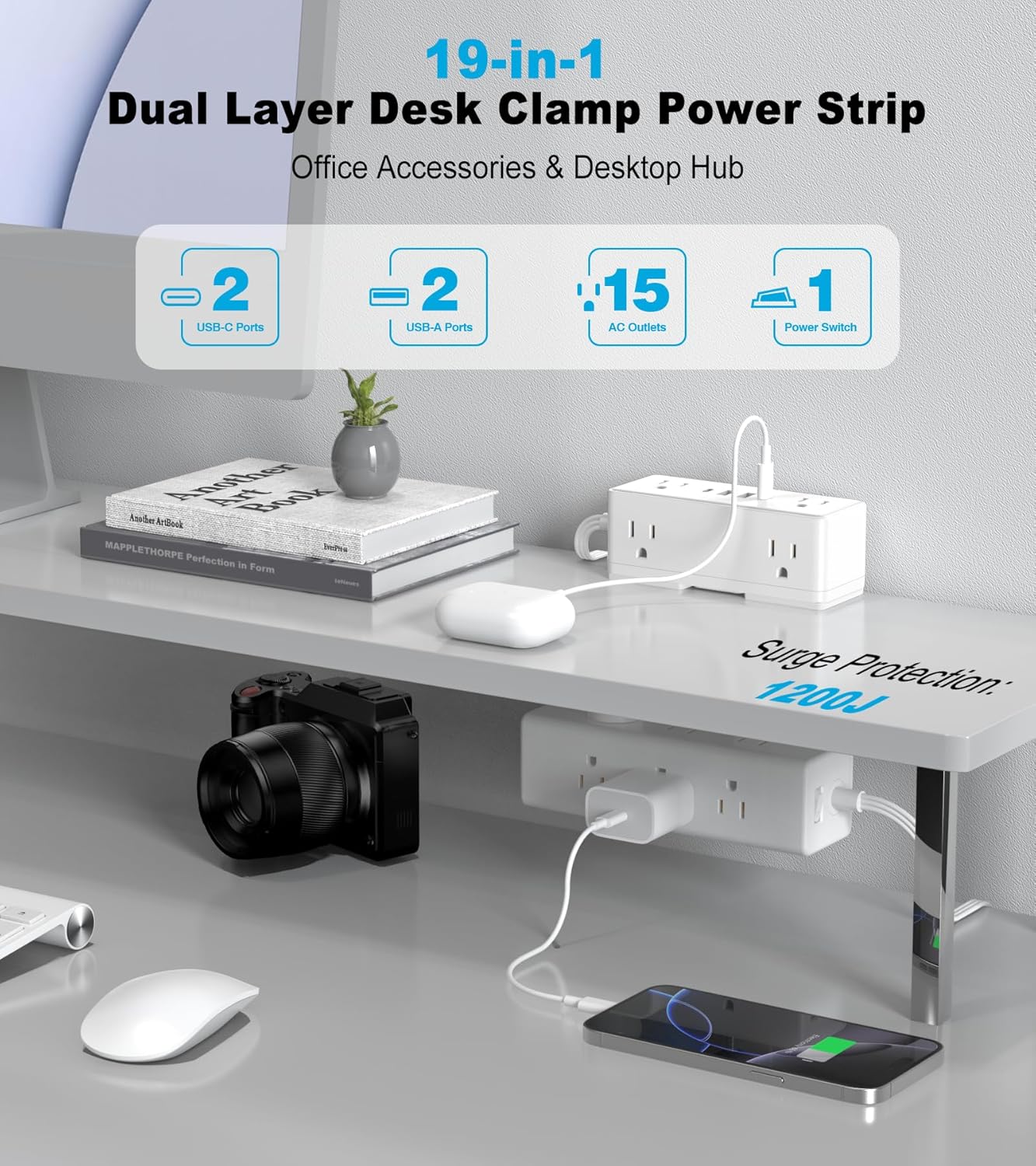 Dual Layer Desk Clamp Power Strip, 19 in 1 Desktop Edge Mount Surge Protector with 4 USB Ports(2 USB-C) & 15 AC Outlets, Ultra Thin Flat Plug & 15FT Power Cord for Office Home(ETL Listed)