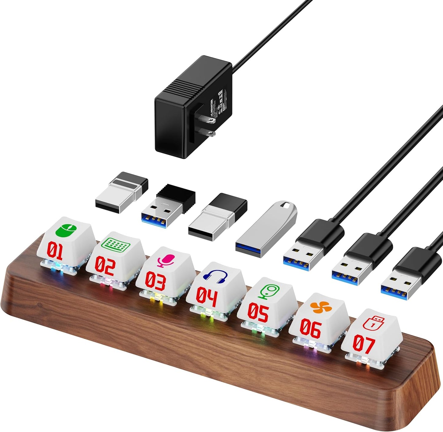 7-Port USB 3.0 Powered Hub, RGB Lighting, Hot-Swappable Cherry MX Switch Support, 5Gbps Speed, Includes 12V/2A Power Adapter, Walnut Wood Cyberpunk USB Dock-FU0724