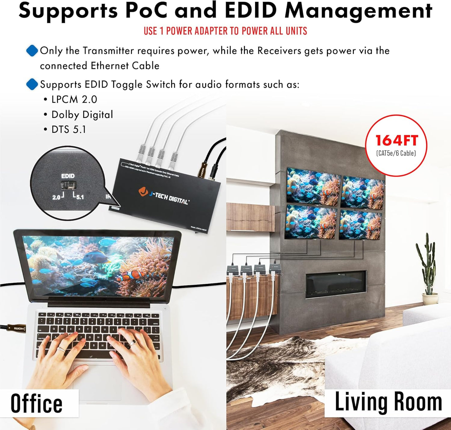 J-Tech Digital HDMI Extender Splitter 1x4 Over Single Cat5e/6 Ethernet Cable Up To 164ft. Supports PoC HDMI Loopout IR Control EDID Switch