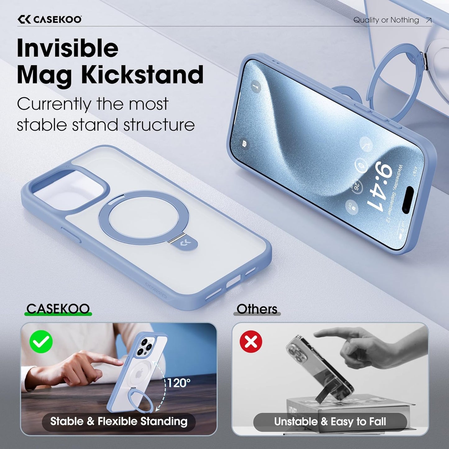 CASEKOO Designed for iPhone 15 Pro Case with Magnetic Invisible Stand [Military Drop Protection] [Compatible with MagSafe] Shockproof Slim Translucent Matte Pro Case 6.1 Inch, Light Blue