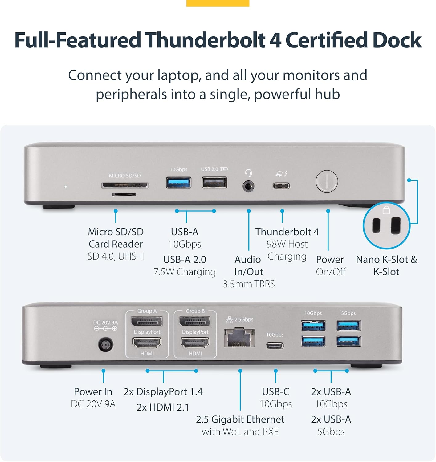 StarTech.com Universal USB4 & Thunderbolt 4 Docking Station, Quad Display on Windows, Dual Display on MacBook, HDMI DP Dock with 98W Laptop Charging
