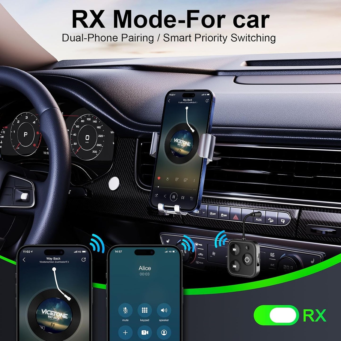 2025 Pro Bluetooth 5.4 Transmitter Receiver, 2-in-1 Wireless Audio Adapter for Airplane/TV/PC/Gym - Dual Link Headphone, Low Latency, Battery Display, Built-in Mic, 30H Playtime, Aviation Metal Frame