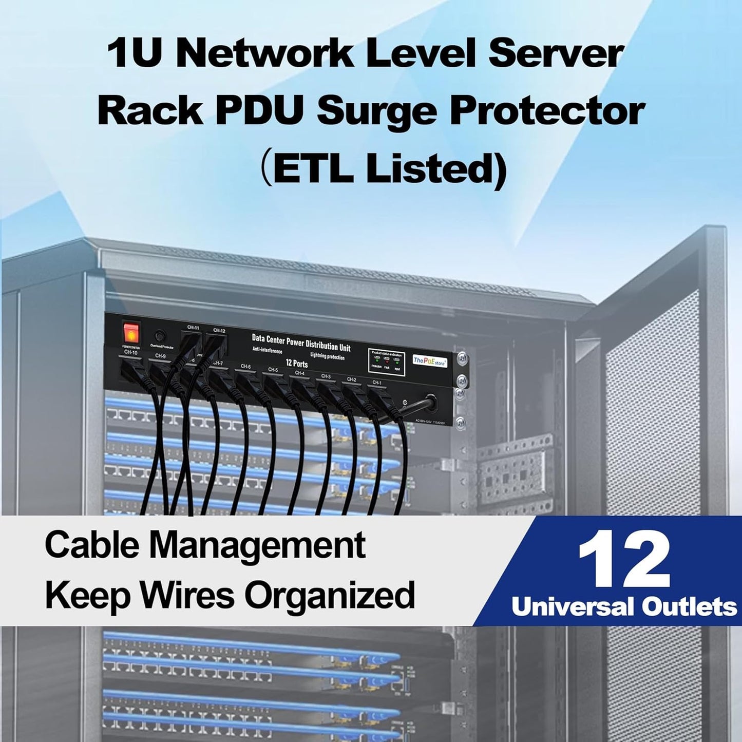 1U PDU Network Servers Surge Protector Power Distribution Unit 12-Outlet, 120V 20A, 3600 Joules 10KA,19″ Rack Mount Power Strip,Heavy-Duty 12AWG 16 ft Cord,w/AC Filter, ETL Listed, by ThePoEstore