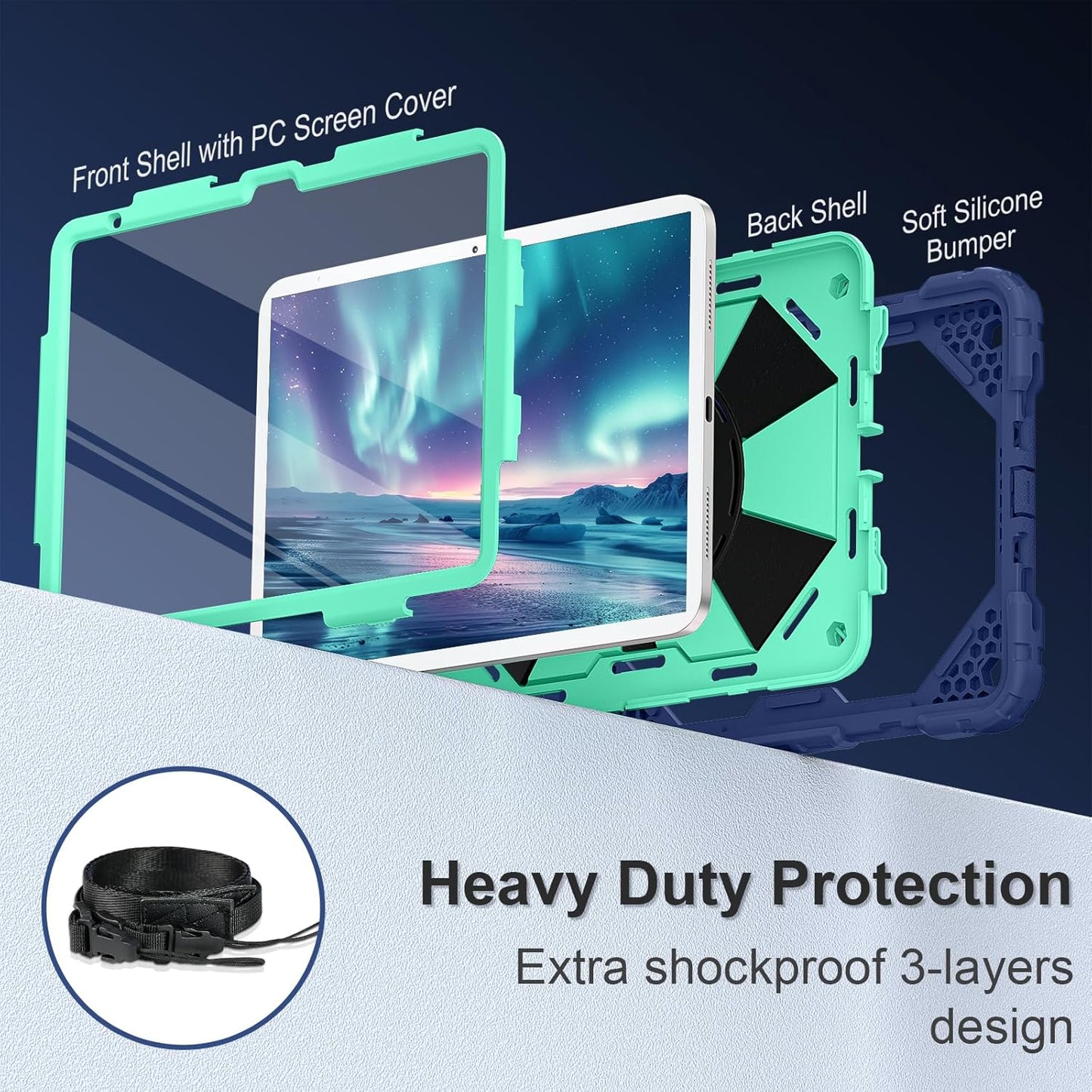 Case for iPad (A16) 11th Generation 11 Inch (2025), iPad 10th Generation Case 10.9 Inch (2022), Shockproof Cover with 360° Rotating Stand Screen Protector Pen Holder Shoulder Strap, Navy Mint