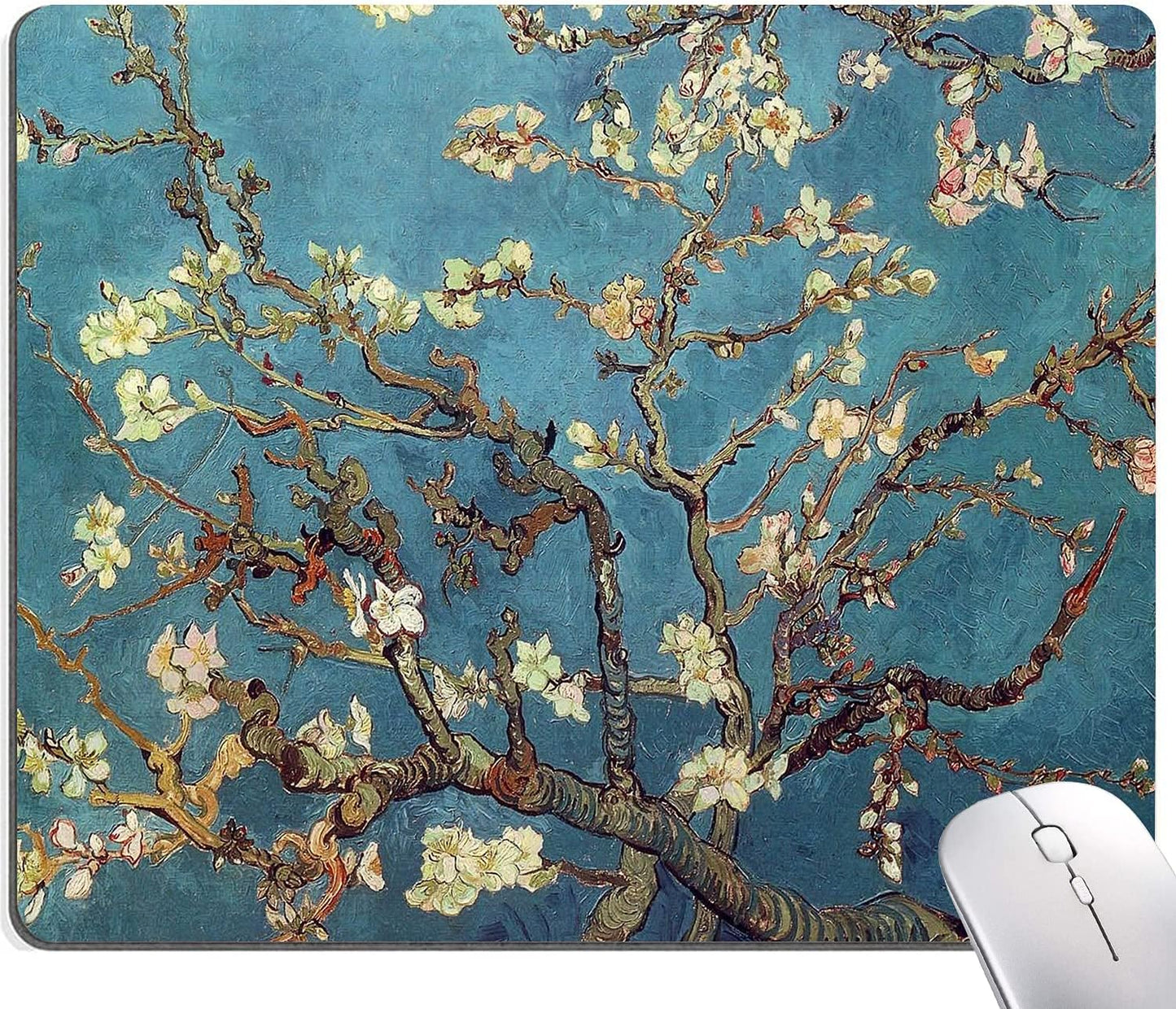 Almond Blossoms Van Gogh Mouse Pad, Oil Painting Flowers Mouse Mat, Square Waterproof Non-Slip Rubber Base MousePads for Office & Home Laptop