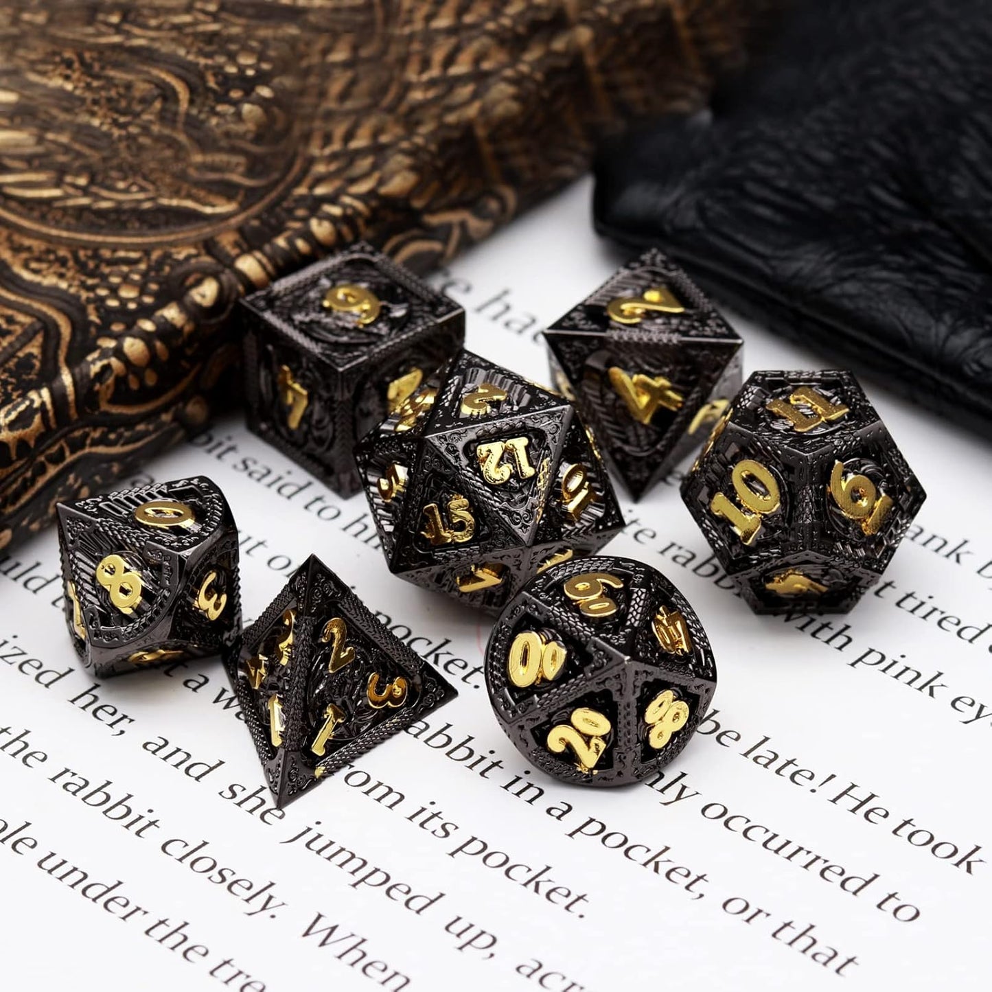 Haxtec Metal DND Dice Set Black Gold Metal D&D Dice with Fire-Breathing Dragon Elements & Leather Dice Bag Polyhedral Dice Compatible with Dungeons and Dragons TTRPG Gifts