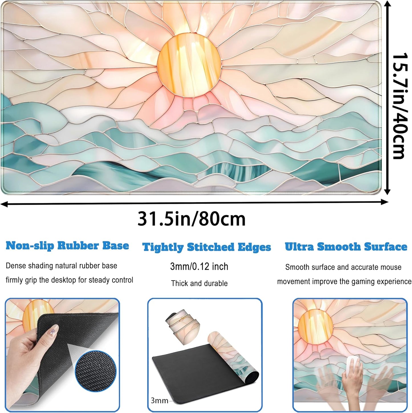 Desk Mat Gaming Desk Pad Large Mouse and Keyboard Pad, Abstract Serene Ocean Sunrise Mouse Mat XXL, Pastel Desk Protector Mat Computer Mats for Desktop Sun & Waves Office Decor 31.5" x 15.7"