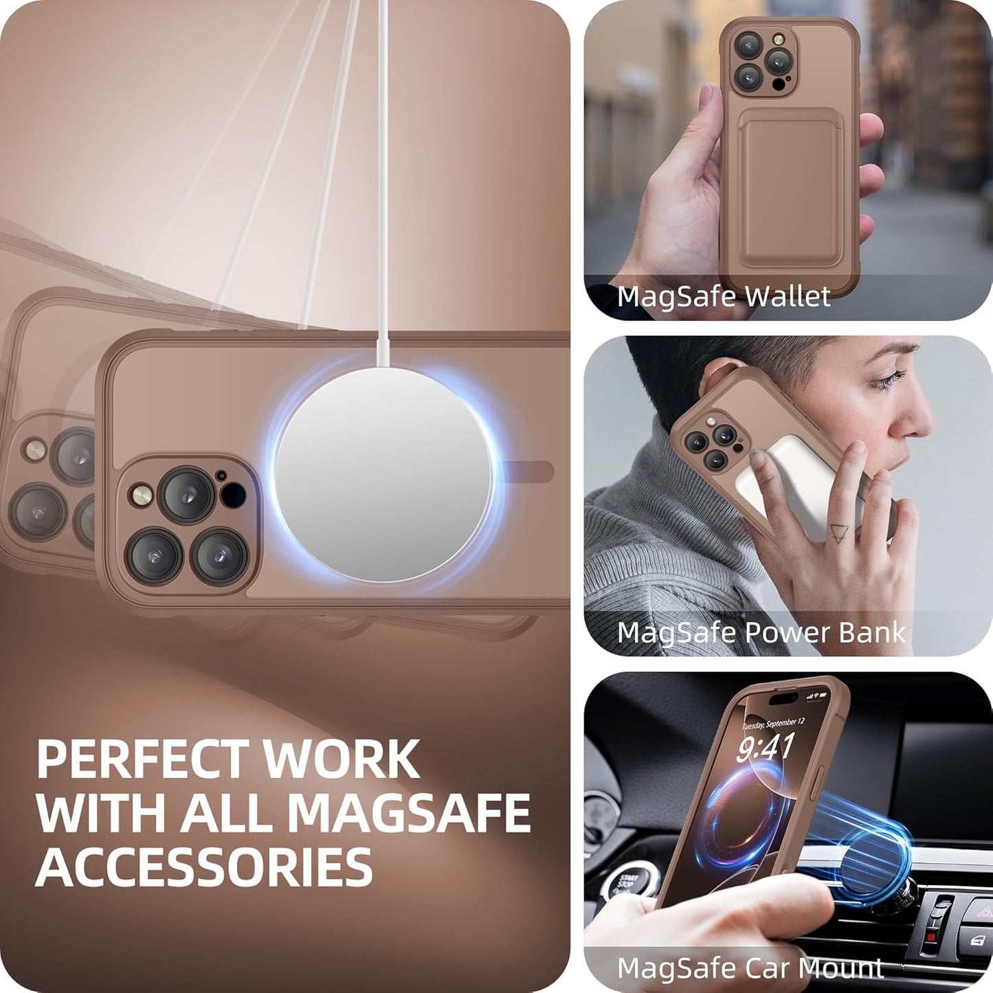 BERFY Magnetic for iPhone 16 Pro Max Case, Compatible with MagSafe, [Built-in 9H Tempered Glass Screen Protector & Camera Protection] Full Body Translucent Matte Phone case for 16 Pro Max, Brown