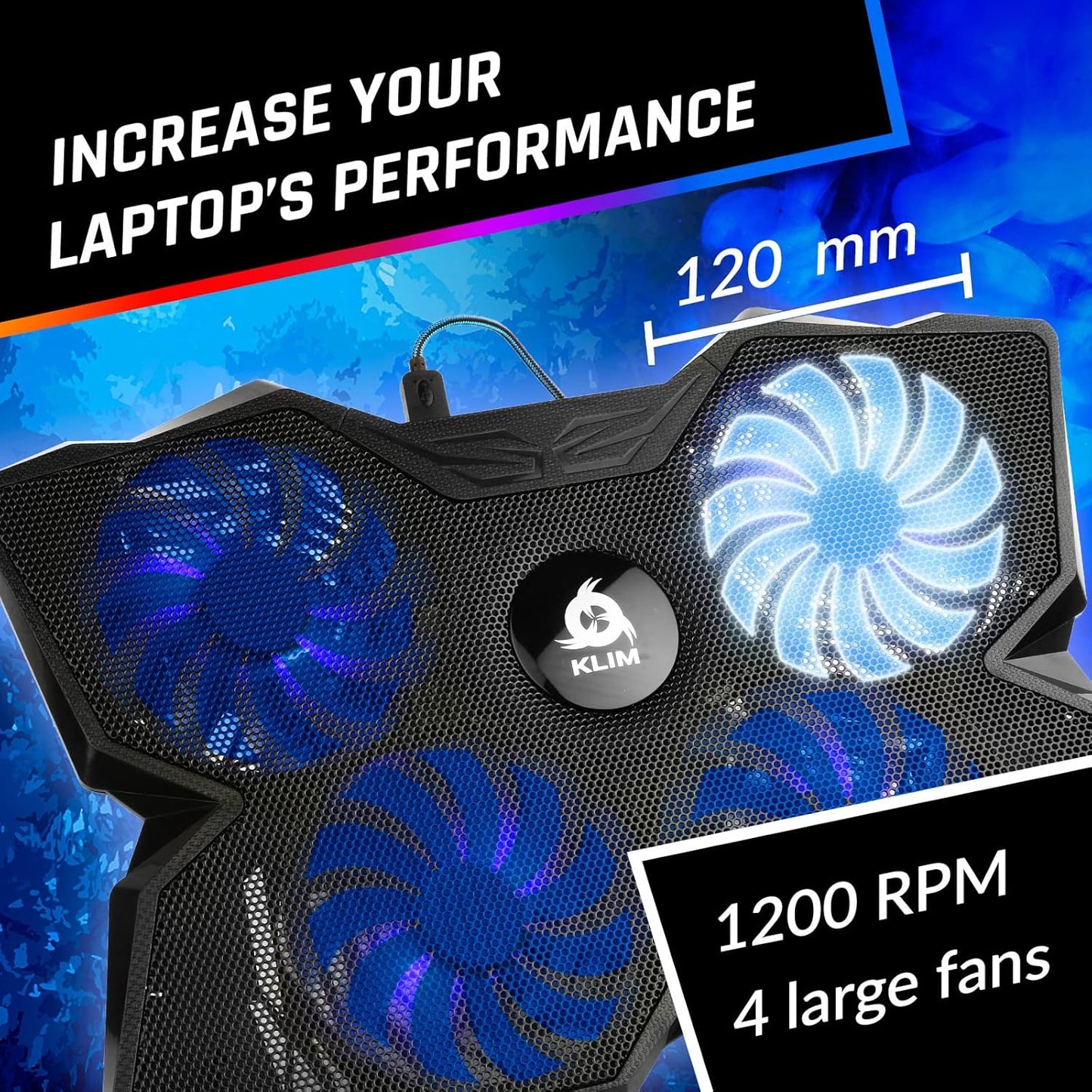 KLIM Wind Laptop Cooling Pad - More Than 500 000 Units Sold - New Version - The Most Powerful Rapid Action Cooling Fan - Laptop Stand with 4 Cooling Fans at 1200 RPM - USB Fan - PS5 PS4 - Blue