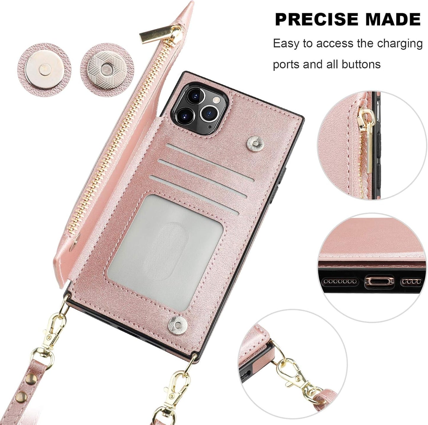 Bocasal Crossbody Wallet Case for iPhone 11 Pro Max with Card Holder,Zipper Card Slot Protector Shockproof Purse Cover with Removable Cross Body Strap 6.5 Inch(Rose Gold)