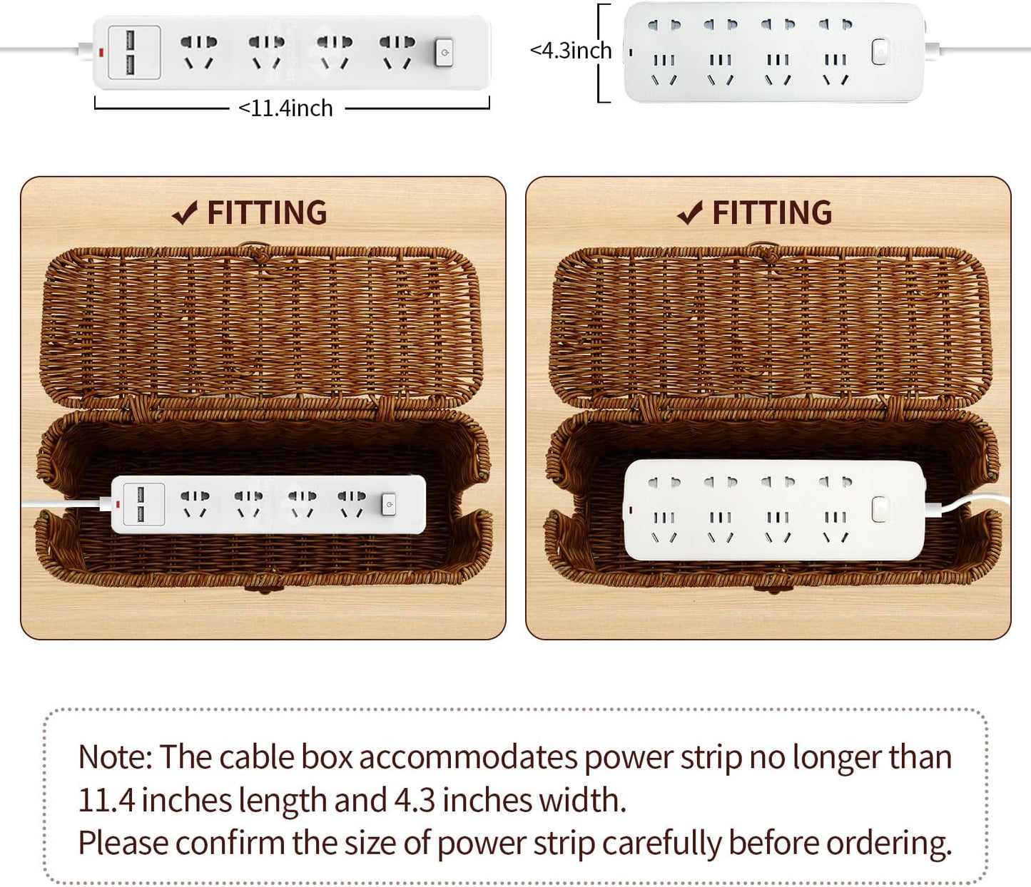 Cable Management Box, Desk Handwoven Rattan Cord Hider Organizer Box With Lid Button Lock, Power Strip Holder Decorative Box, Floor Cord Surge Protector Storage Box