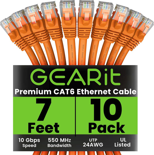 GearIT Cat 6 Ethernet Cable (10-Pack 7 Feet) Cat6 Network Patch, 10Gbps, RJ45, Snagless Cord, Gold-Plated Connectors, Internet for PC, TV, Tablet, Router, Printer, Servers, IT Data Center - Orange