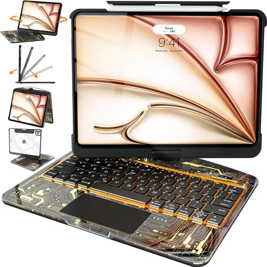 Intermerge Clear Keyboard Case for iPad Air 11" (M3/M2, 2025/2024), Air 5th/4th, Pro 11" 2022-2018, 360° Swivel Multi-Touch Trackpad, 7-Color Backlit, Pencil Holder, Type-C, Shadow Pulse
