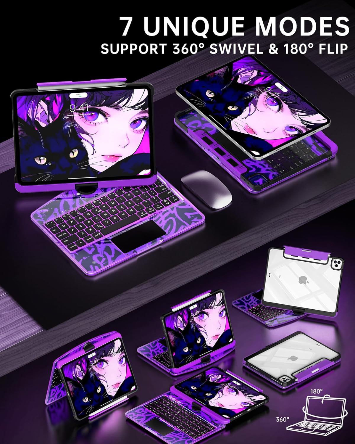 Intermerge Clear Keyboard Case for iPad Pro 11" (M4) 2024 Only, 360° Swivel Multi-Touch Trackpad, 7-Color RGB Backlit, Pencil Holder, Type-C, Power Indicator, Neon Pulse