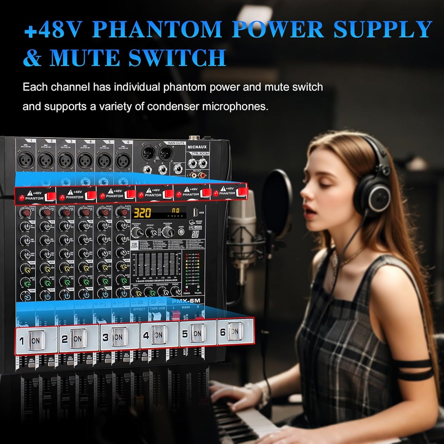 Audio Mixer 6 Channel Professional Mixer Console with 320 DSP Effects, 7-band EQ Sound Mixing Board Digital DJ Mixer w/USB Bluetooth MP3 for Recording, Independent 48V Power & Mute Button