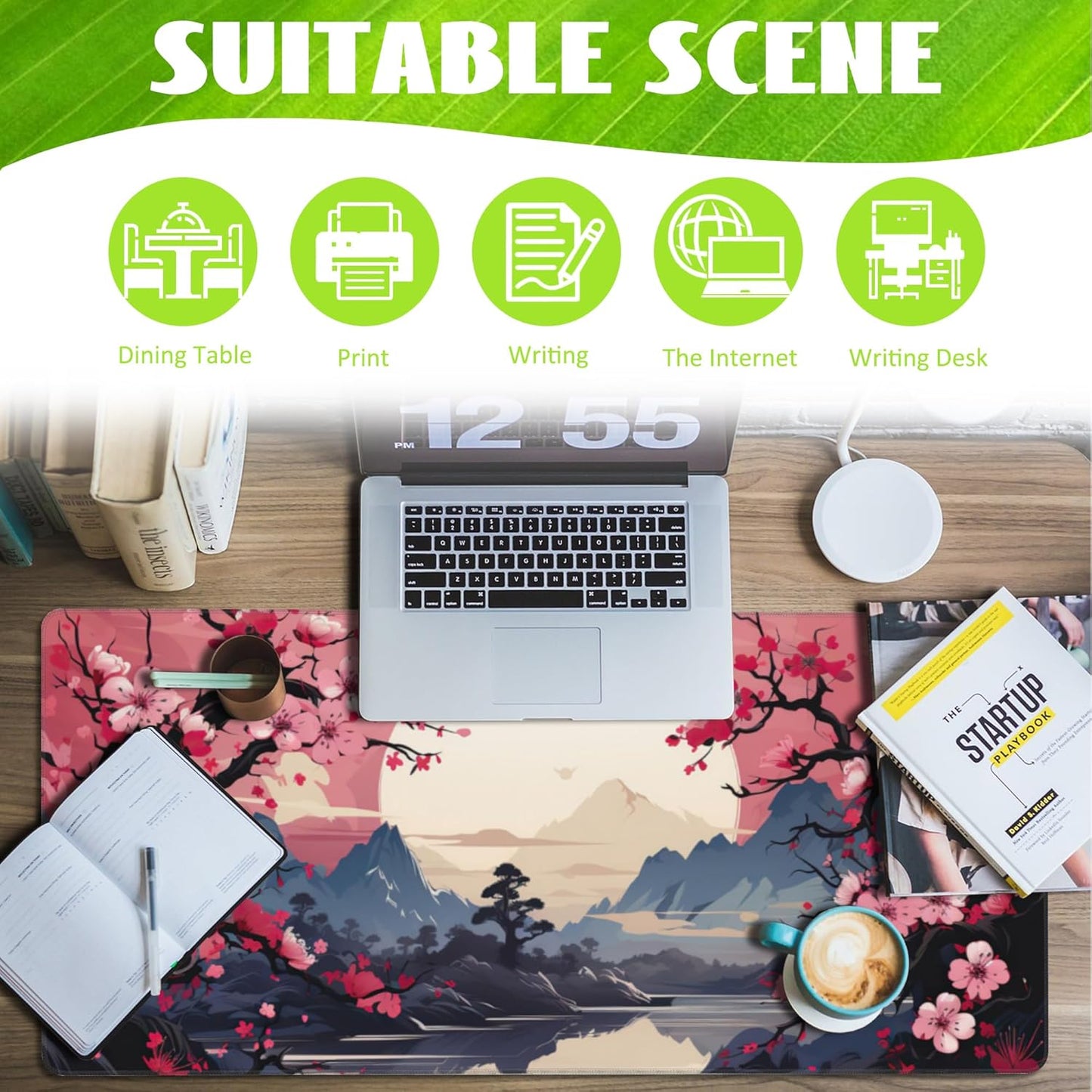 Desk Pad,Pink Cherry Blossom Tree Desk Mat,Mountains and Sun Large Gaming Mouse Pad for Desk,Extended Big Computer Keyboard Mouse Pad with Non-Slip Base and Stitched Edge,35.4"x15.7"