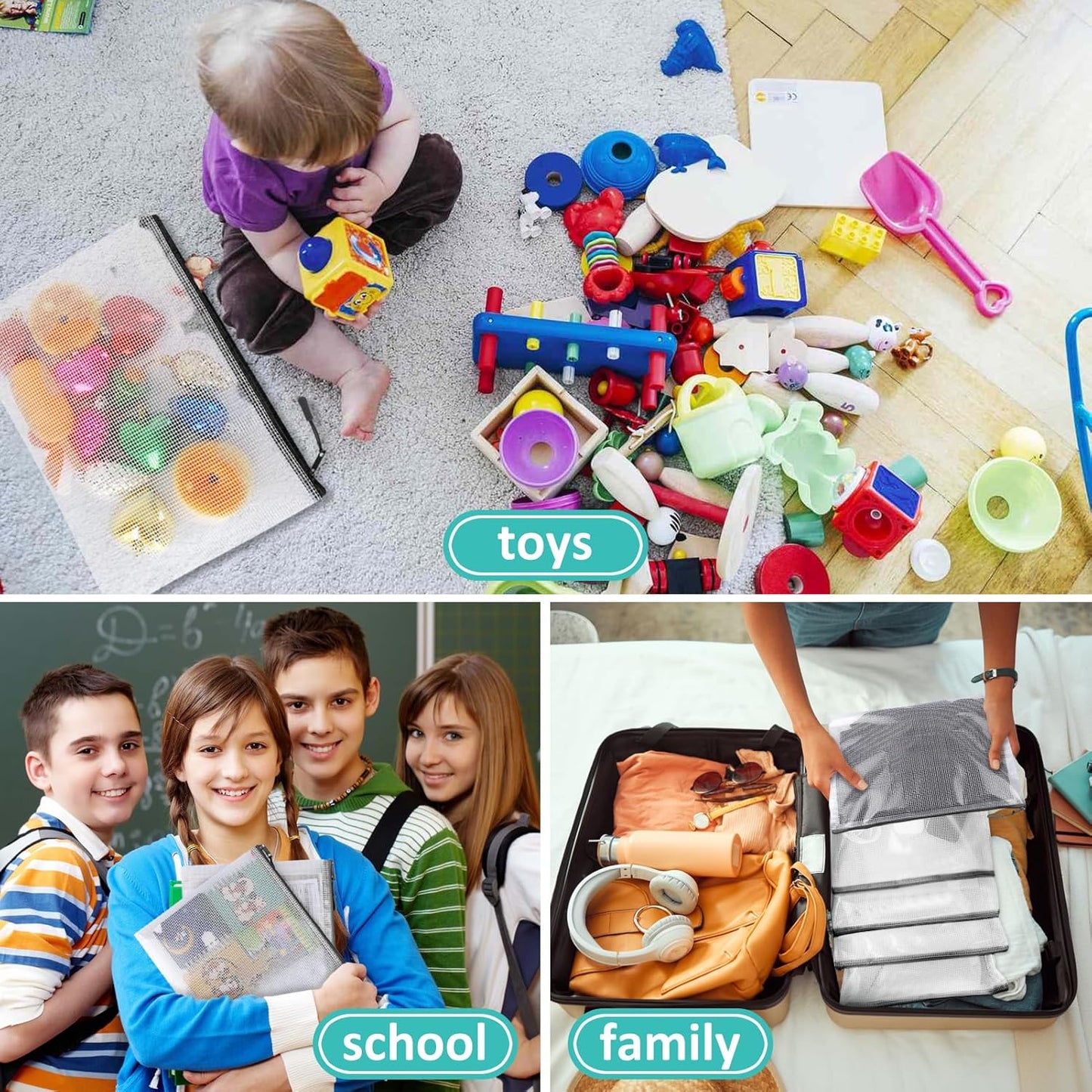 12pcs Mesh Zipper Pouch Bags, A3 Puzzle Bag for Organizing, File Bags Storage Bag, Board Games and Office Supplies