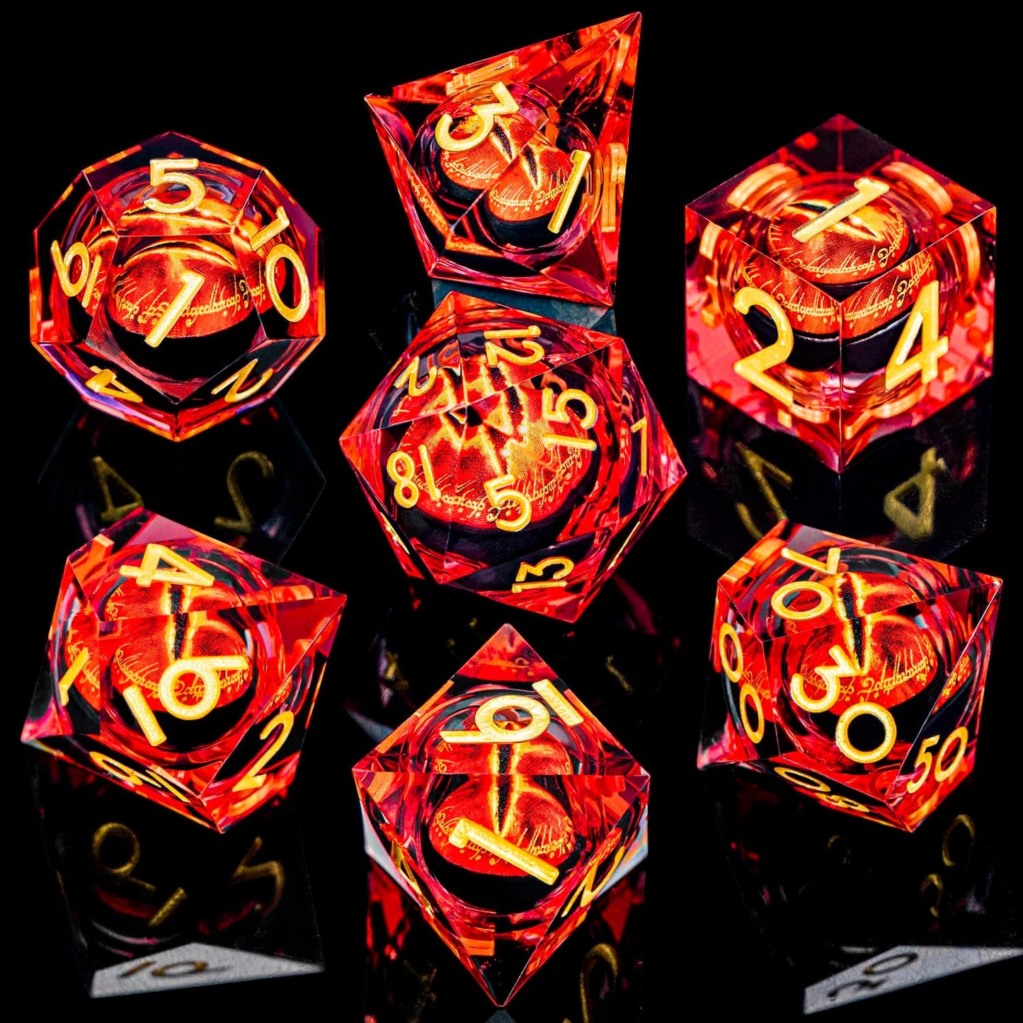 ARUOHHA DND Resin Dice Gazes Eye Dice Liquid Core Flaming RPG Sharp Edged Dice Set with Gift Box, Polyhedral D and D Dice Set Compatible with Dungeons Dragons Role Playing Game D20 D12 D10 D8 D6