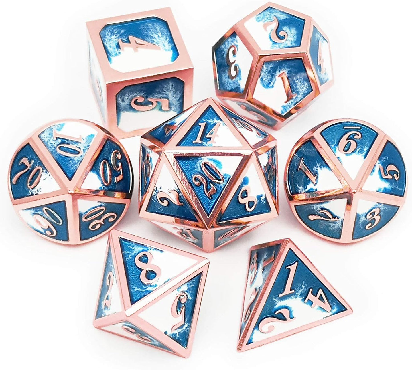 Haxtec Metal DND Dice Set Copper Blue White D&D Dice with Leather Dice Bag Compatible with Dungeons and Dragons RPG-Ice Dragon Bait