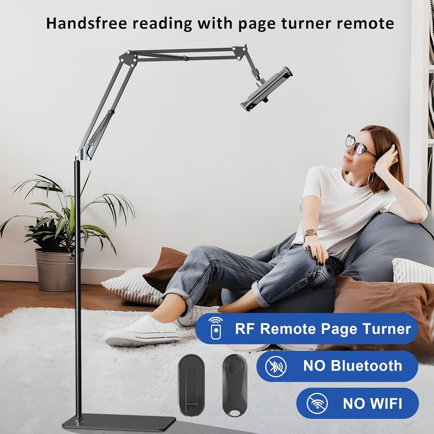 Floor Stand for Kindle Reading in Bed with Remote Page Turner, Hands Free Tablet Arm Holder for Kindle Accessory, Compatible with iPhone Paperwhite eReader Tablet 4.5-12.9 inch (kt-sd2)