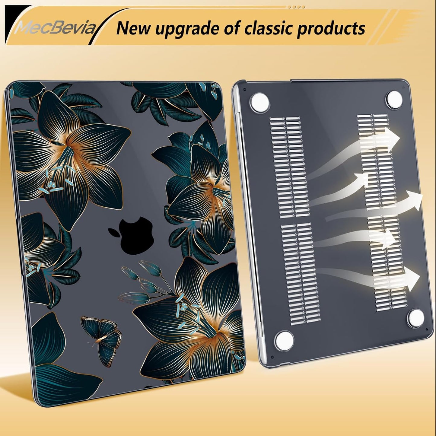 Compatible with MacBook Air 13.6 inch Case, M4 A3240/M3 A3113/M2 A2681 (Released 2025 to 2022), Hard Shell, Keyboard Cover, Screen Protector, Webcam Cover & Type-C Adapter, Golden Lilies
