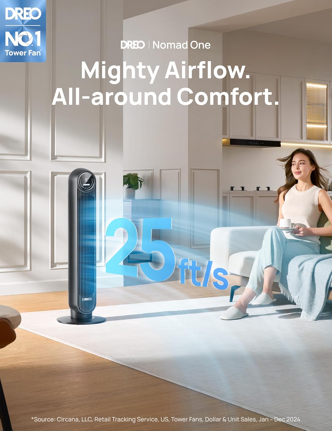 Dreo Tower Fan for Bedroom, 25ft/s Velocity Quiet Floor Fan, 90° Oscillating Fans for Indoors with 4 Speeds, 4 Modes, 8H Timer, Standing Fans, Bladeless Fan, Black, Nomad One (DR-HTF007)