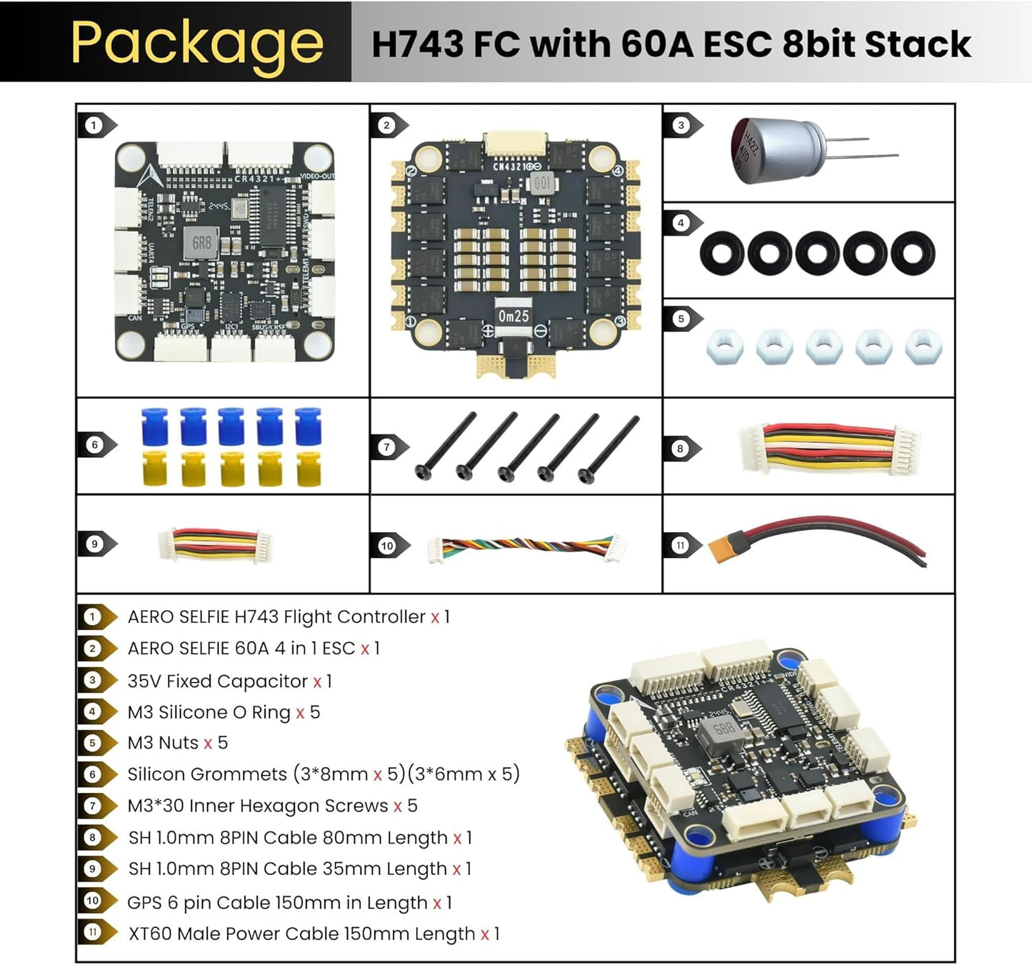 AERO SELFIE H743 Flight Controller with 60A 8 bit ESC 30x30 Stack: Supports 2-6S LiPo, Dual IMU, Compass, Barometer, Compatible with Betaflight, INAV, PX4, Ardupilot for FPV & Racing Drones