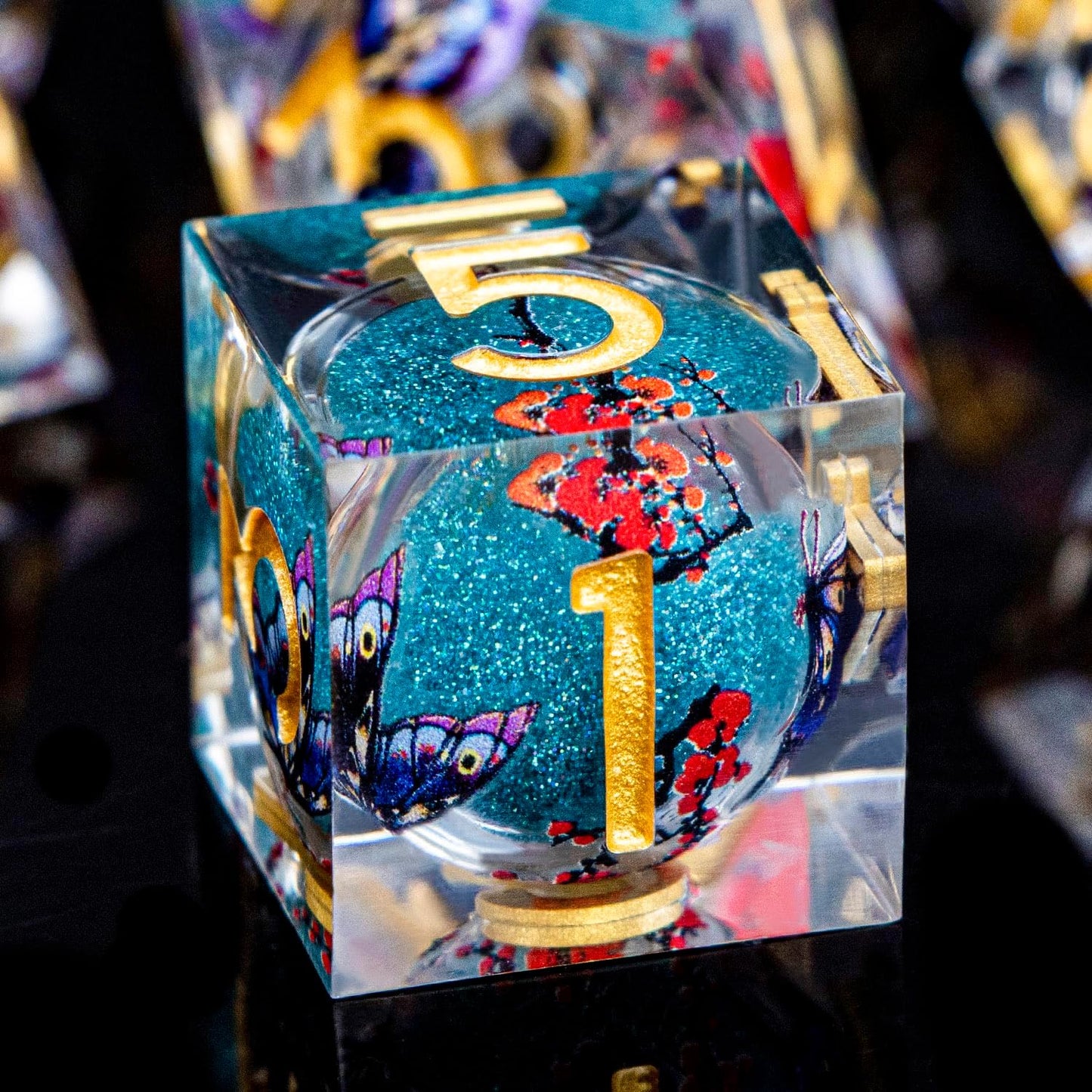 Butterfly DND Dice Blue Liquid Core Dice Set with Metal Box, Handmade Sharp Edge D and D Polyhedral Dice for use with D&D Role Playing Game, D20 D12 D10 D8 D6