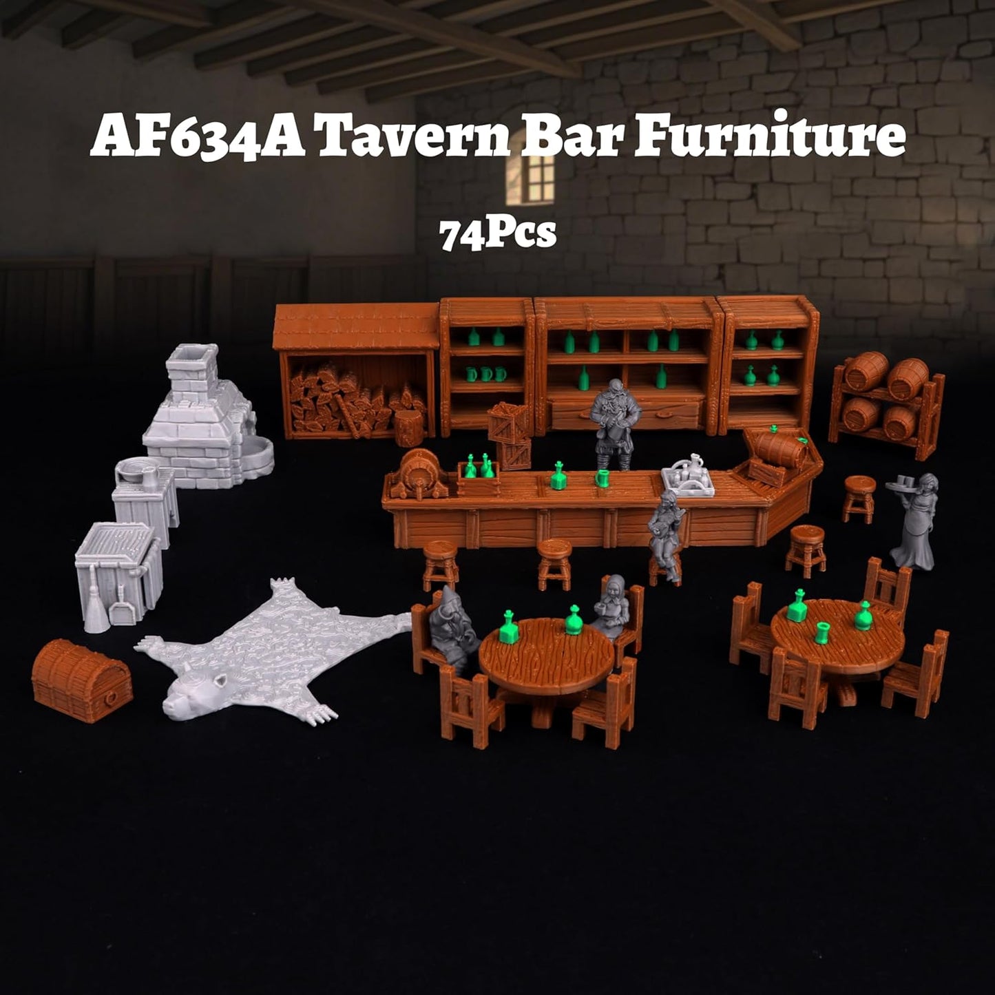 74 Pcs Tavern Bar Furniture RPG Terrain Set – Detailed DND Accessories for Tabletop Role-Playing – Miniature Props for Dungeons and Dragons, TTRPG Maps, and Wargame Campaigns – AF634A