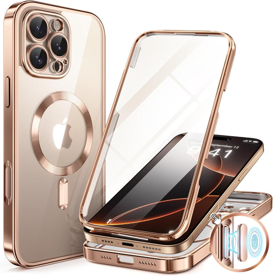 BERFY Magnetic for iPhone 16 Pro Max Case, Compatible with MagSafe, [Built-in 9H Tempered Screen Protector & Upgraded Camera Protection] Full Body Plating Phone Case for 16 Pro Max, Desert Gold