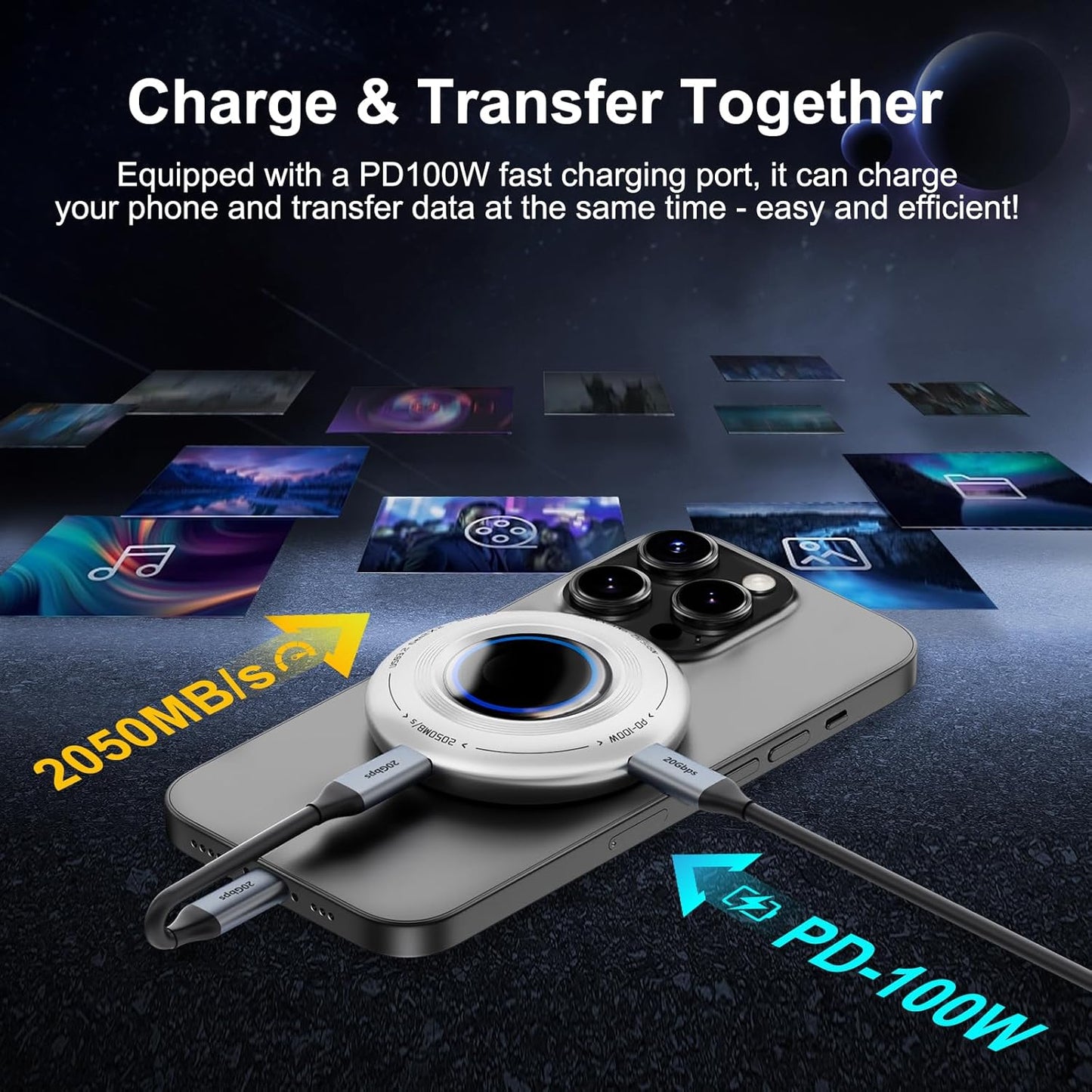 FP108 1TB Magnetic Portable SSD, External Solid State Drives with PD-100W and 2050MB/s USB-C 3.2 Gen 2x2, Play While Charging, Compatible with iPhone 16/15 Pro Max, Android, PC, Mac, Switch Lite