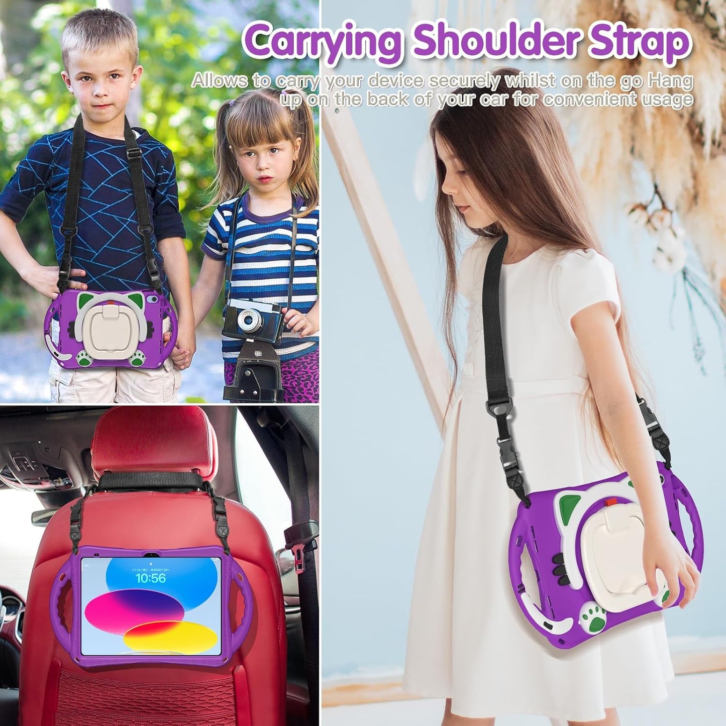 BRAECN Cute Cat Case for iPad (A16) 11th/10th Generation 11”/10.9'' 2025/2022, Silicone Kids Boys Case with Pencil Holder, Carrying Shoulder Strap, 360°Rotating Handle Grip & Kickstand, Purple